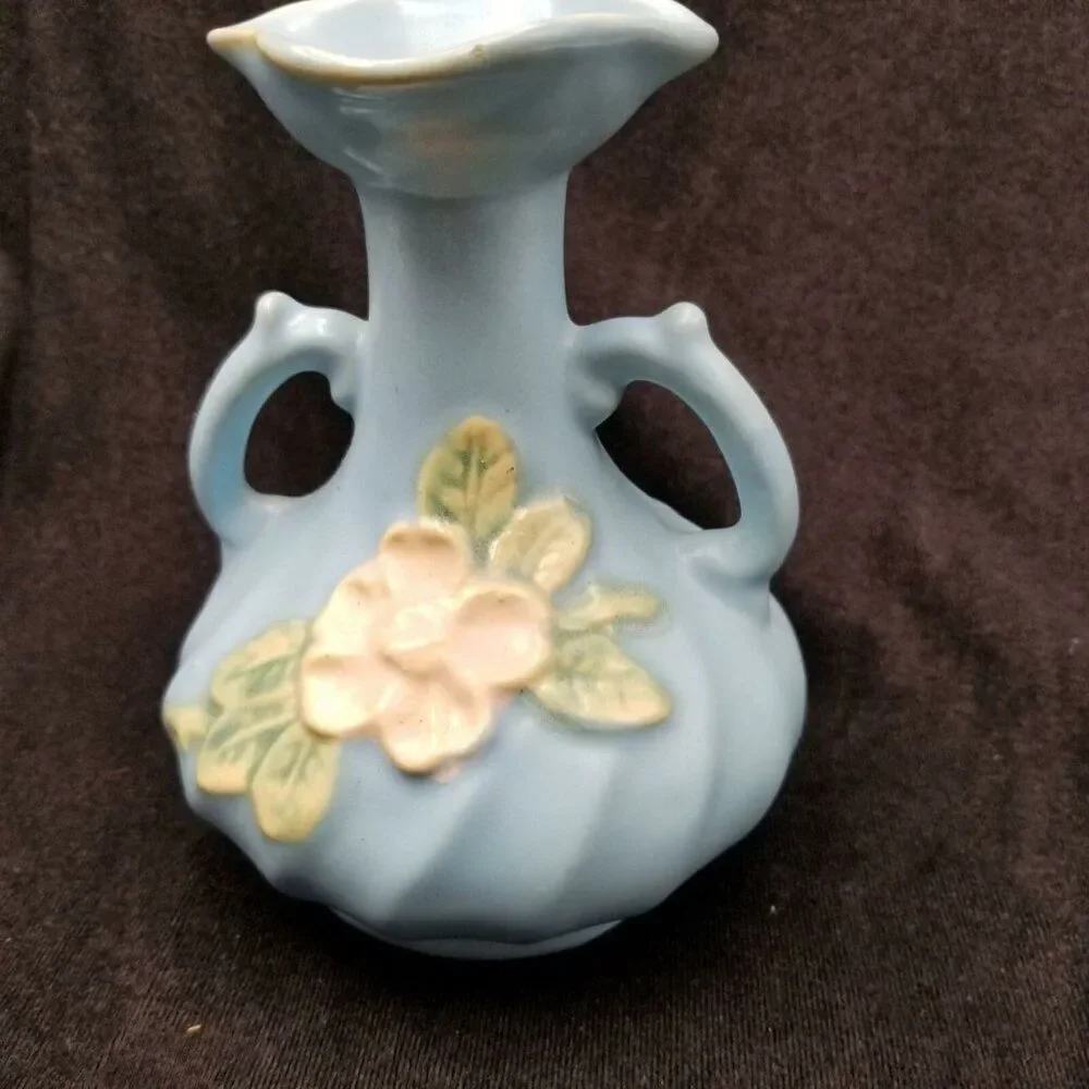 Vintage Blue Weller Pottery Double Handle Vase Magnolia American Pottery 6